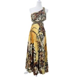 Cinderella One Shoulder Beaded Maxi Dress Yellow Animal Floral Print Size 6